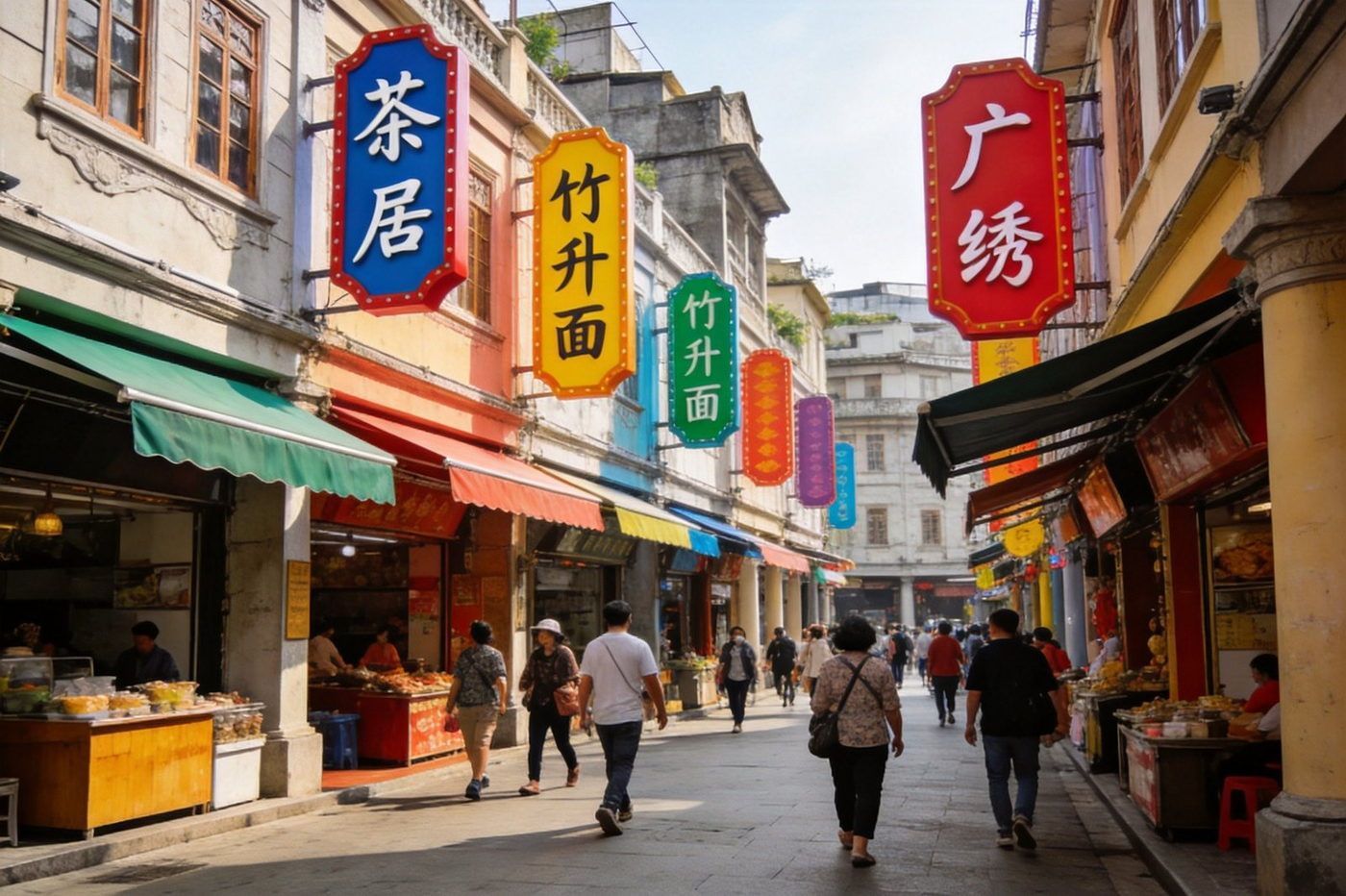 广州永庆坊骑楼老街：西关骑楼建筑街道，岭南骑楼商铺，彩色招牌，市井烟火气与旧城老街氛围