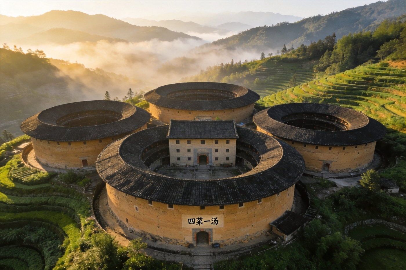 南靖田螺坑客家土楼群：四座圆形土楼环抱一座方楼，