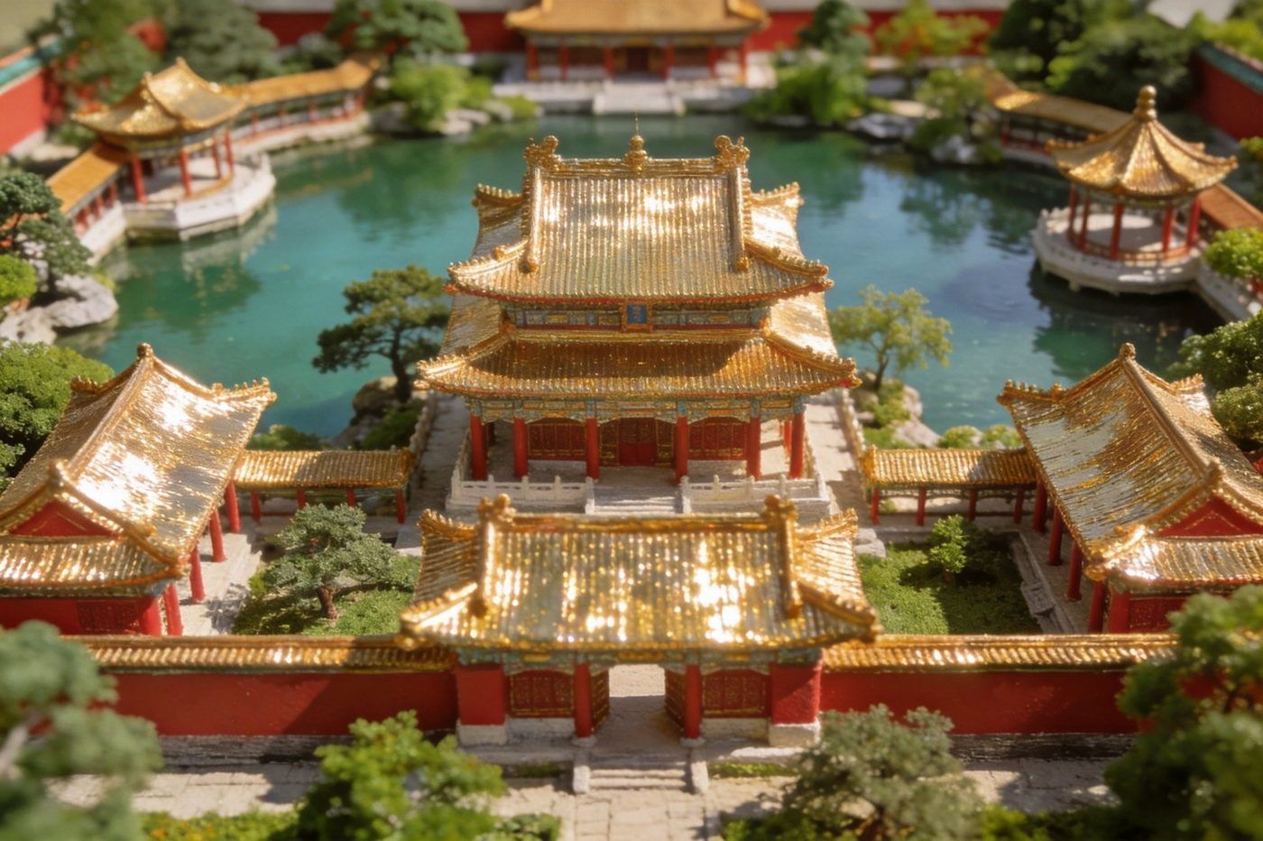 珠海圆明新园：仿建的皇家园林建筑，中式宫殿楼阁、琉璃瓦与高台，园林水榭，复古皇家园林景观