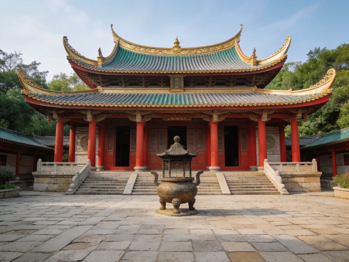 南普陀寺闽南燕尾脊风格主殿、红柱石阶与前方开阔石砌庭院