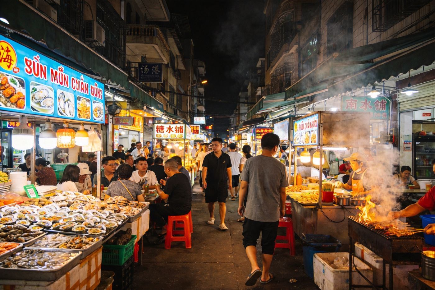 北海侨港风情街：越南风情的街头小吃街，海鲜档口和糖水铺，人气热闹的夜市小巷，特色越南小吃与烤生蚝