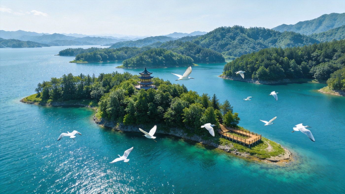 丹江口水库中的百喜岛，翠绿小岛浮在碧蓝水面，岛上有观景楼台和木栈道，森林茂密，白鹭飞翔