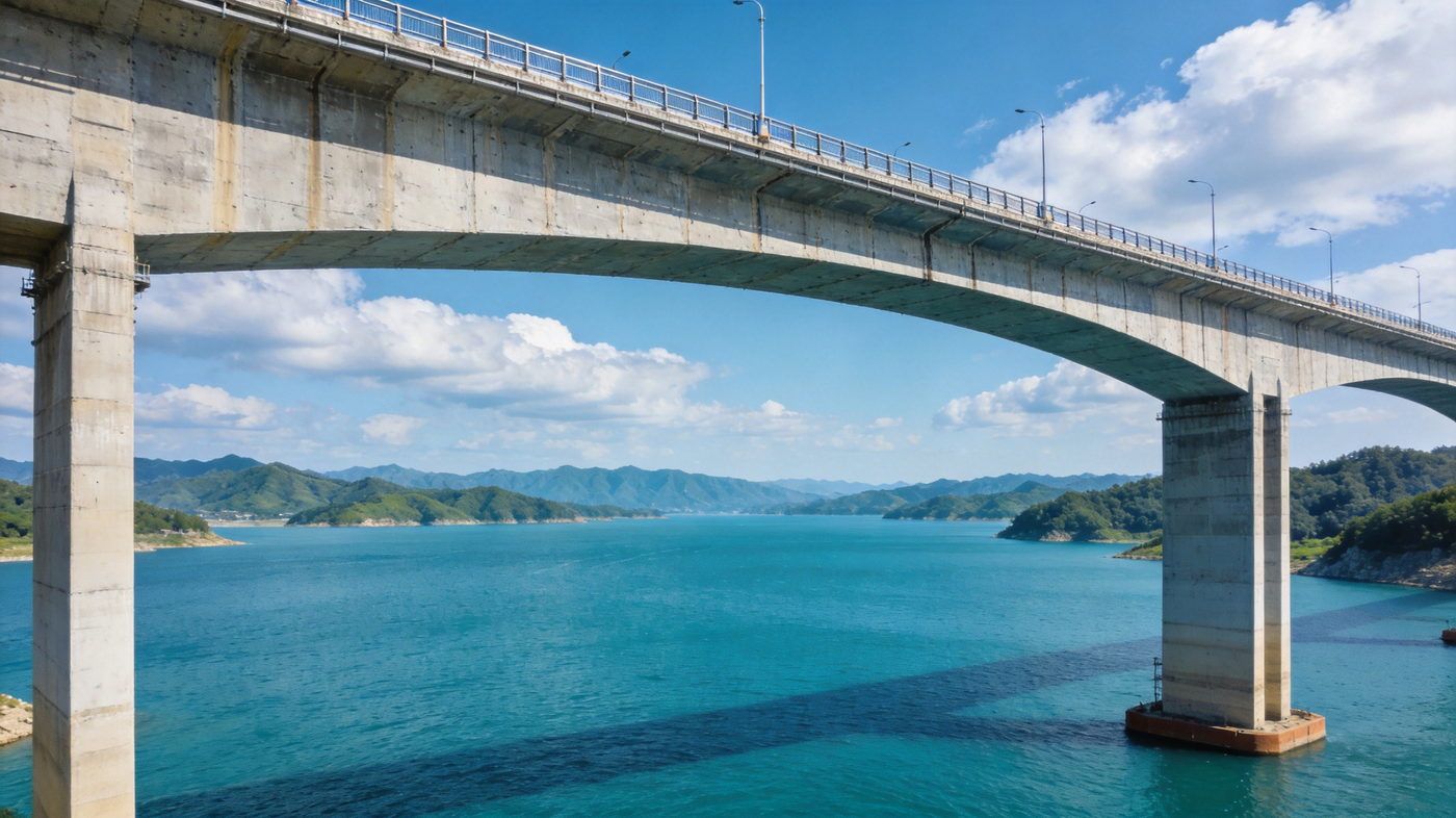 宏伟的丹江口大坝混凝土重力坝横跨汉江，坝下是碧蓝辽阔的水库，青山环抱蓝天白云