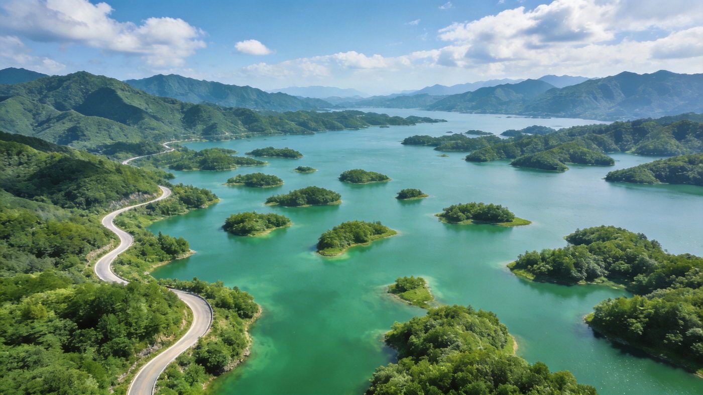 航拍丹江口千岛画廊，碧绿水库湖面上散落上百座翠绿岛屿，环库公路如丝带蜿蜒湖岸，水天一色