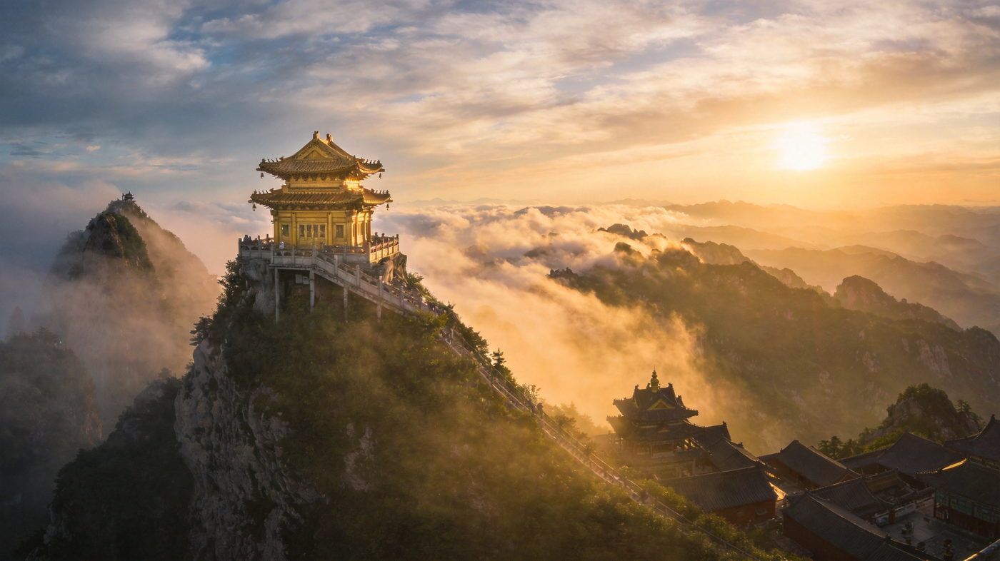 武当山金顶，险峻山峰之巅矗立铜铸鎏金殿宇，云雾缭绕恍如仙境，道观庄严古朴