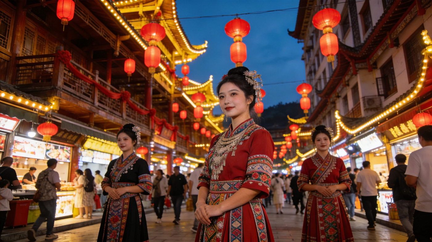 恩施土家女儿城，吊脚楼建筑群大红灯笼高挂，夜幕灯火通明，民俗街市热闹