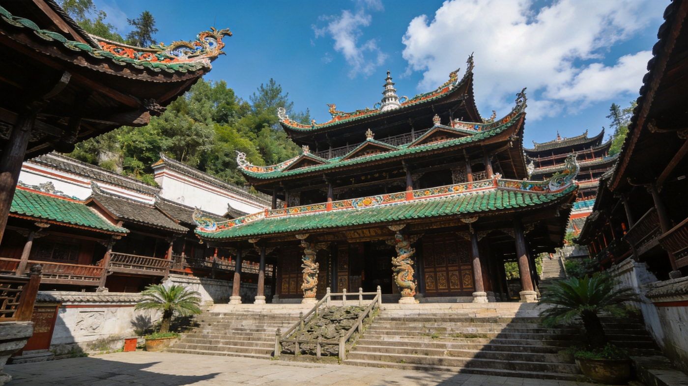 恩施土司城九进堂，土家族传统宫廷建筑群，飞檐斗拱雕梁画栋，青瓦木构依山而建