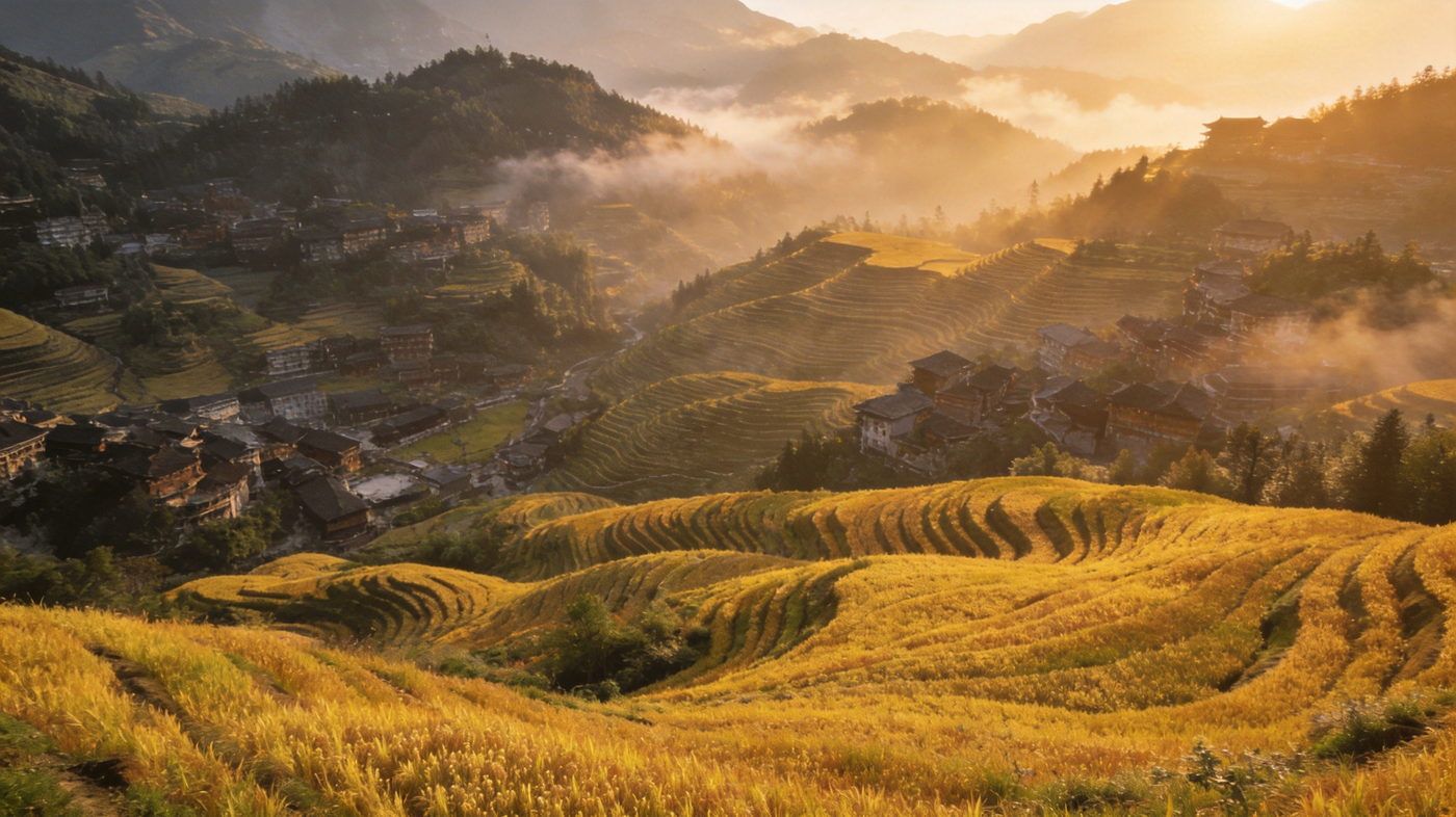 龙脊梯田，层层叠叠的壮观梯田从山脚延伸至山顶，金坑大寨全景，绿浪滚滚气势恢宏