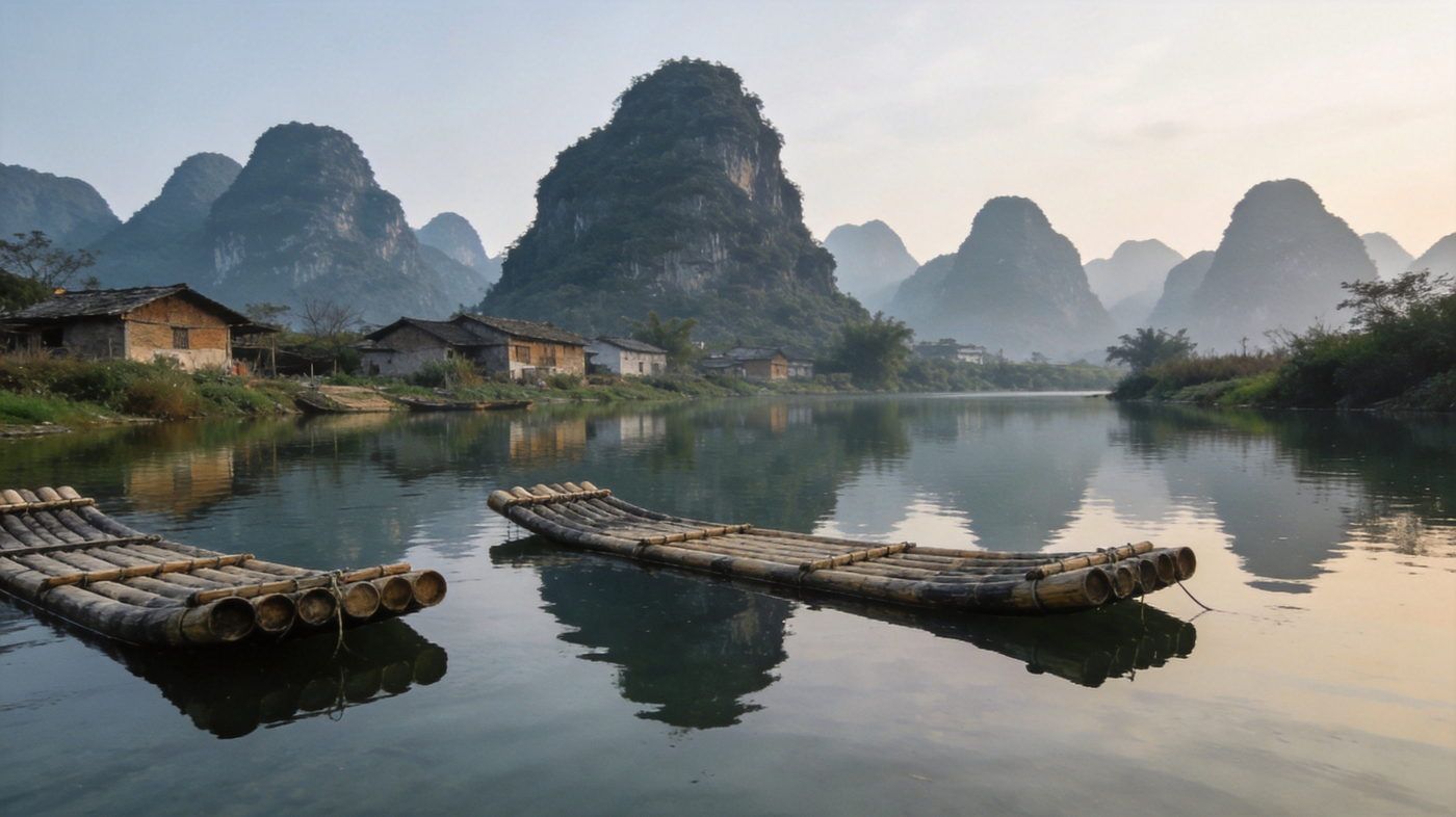 遇龙河漂流，人工竹筏静静漂浮在碧绿河面，两岸低矮喀斯特峰丛与稻田、石桥，原生态田园风光