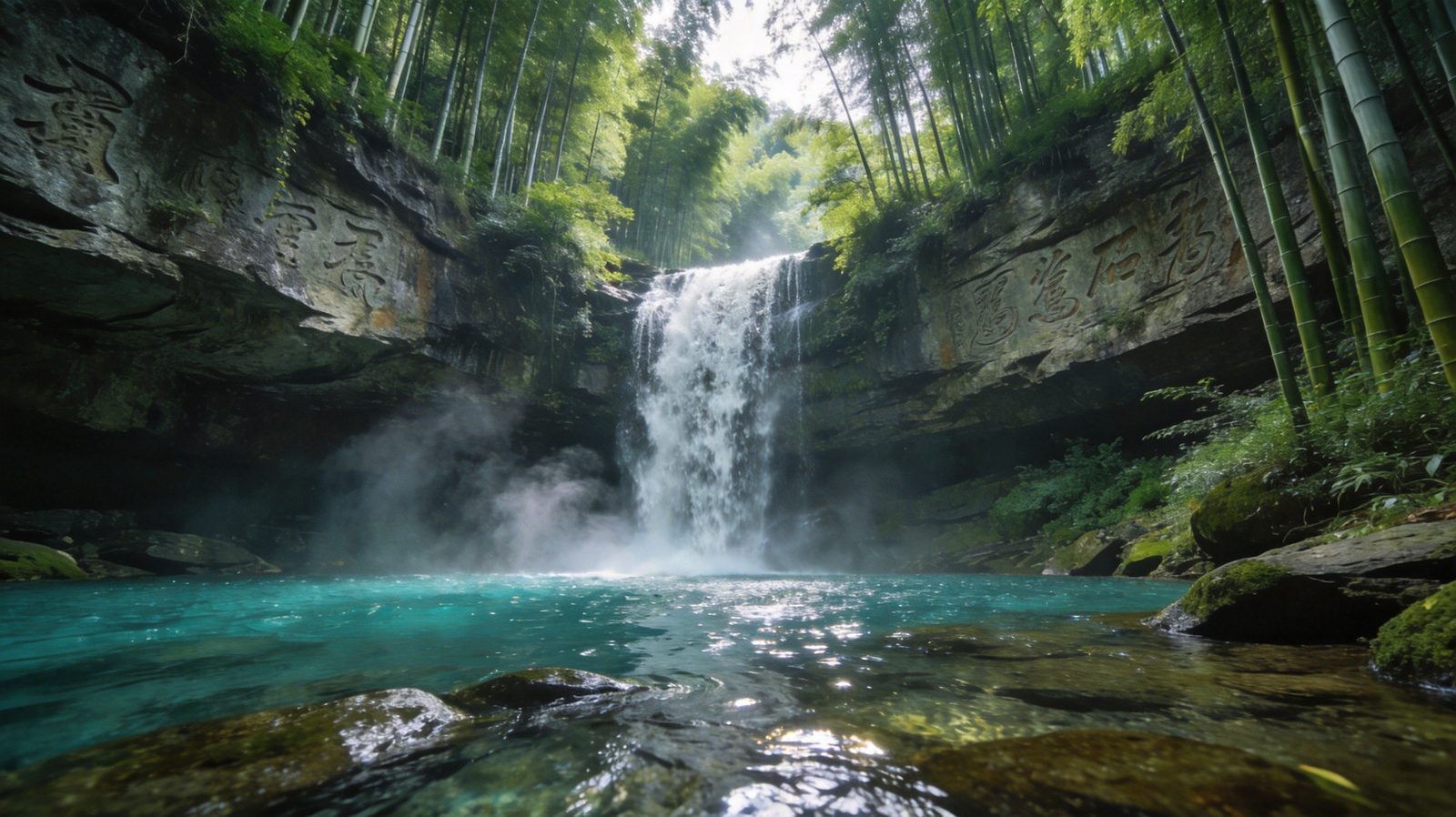 莫干山剑池飞瀑，瀑布从竹海岩壁倾泻入碧潭，水雾弥漫，四周苍翠竹林，摩崖石刻岩壁与清澈溪流