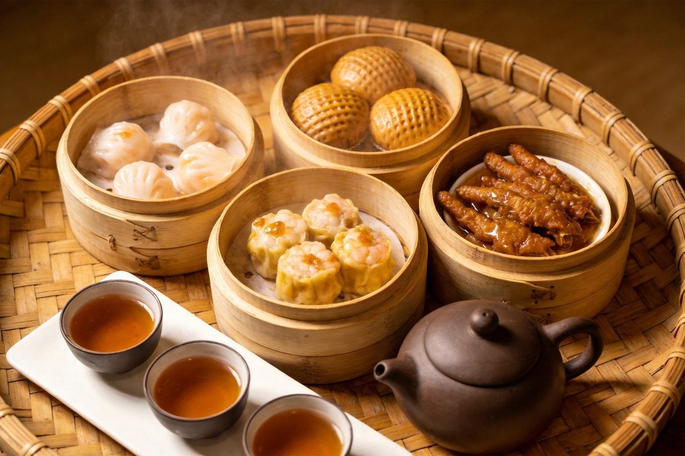 广式早茶点心：竹蒸笼里热气腾腾的虾饺、烧卖、凤爪等广式茶点，配茶壶茶杯，精致粤式早茶