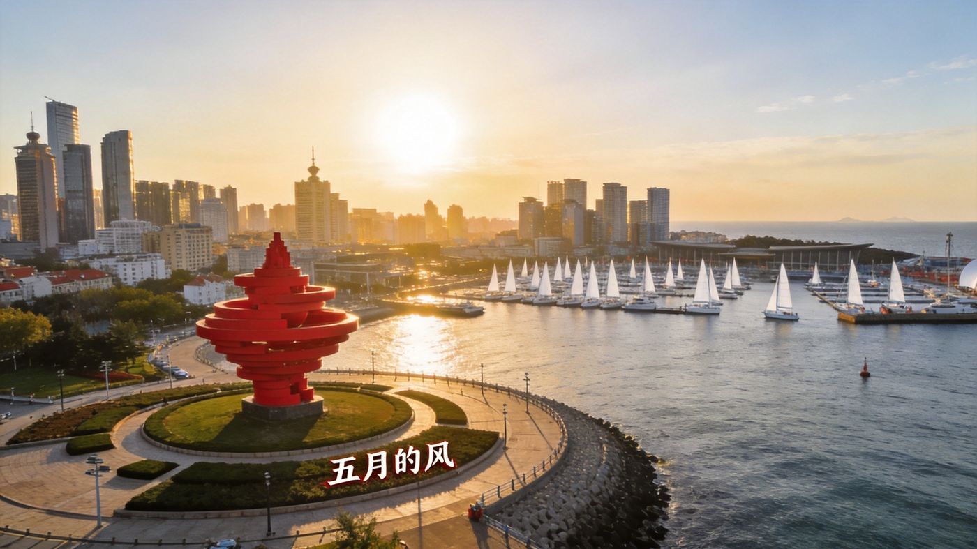 五四广场红色五月的风雕塑与青岛奥帆中心港湾，帆船聚集，高楼天际线落日