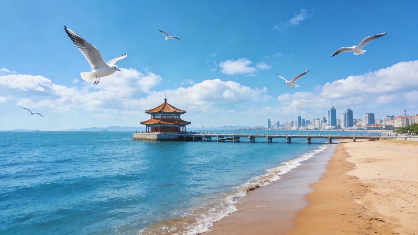 青岛栈桥延伸入海、尽头回澜阁双层亭阁，海鸥盘旋，蓝天与城市天际线