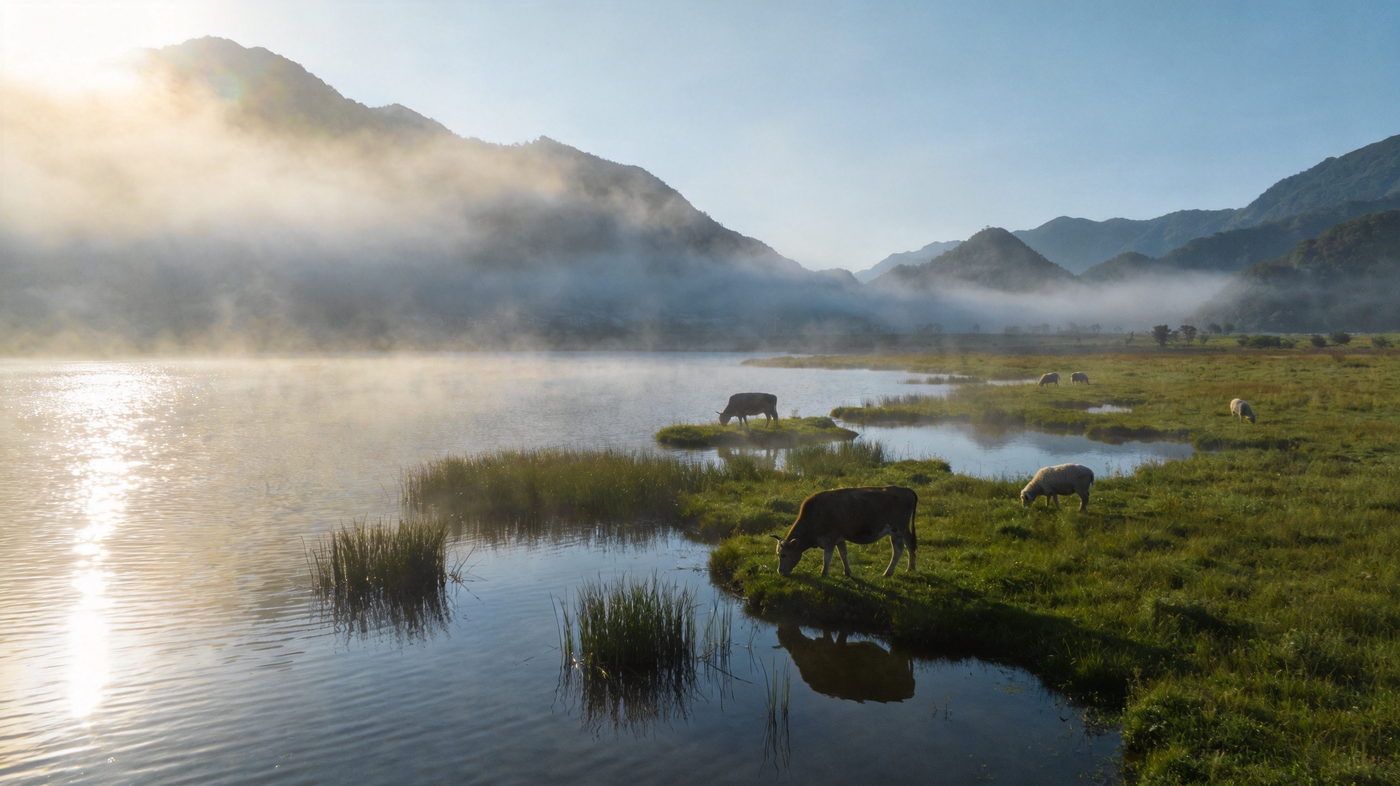 神农架大九湖湿地，高山平原湖泊，草地浅滩湖面，晨雾弥漫牛羊悠闲
