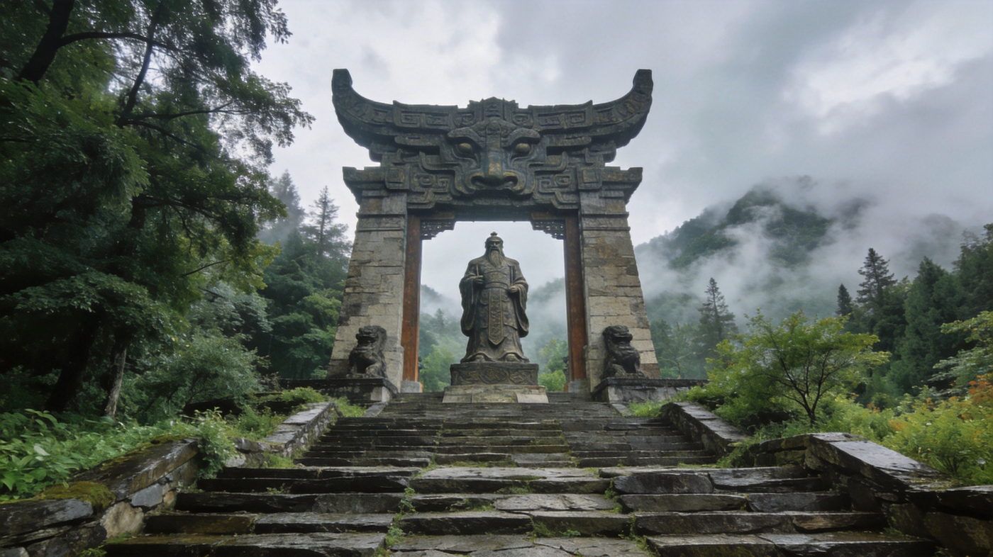 神农架神农坛，高高的祭坛大门与神农氏雕塑，层叠石阶绿树环绕古朴庄严
