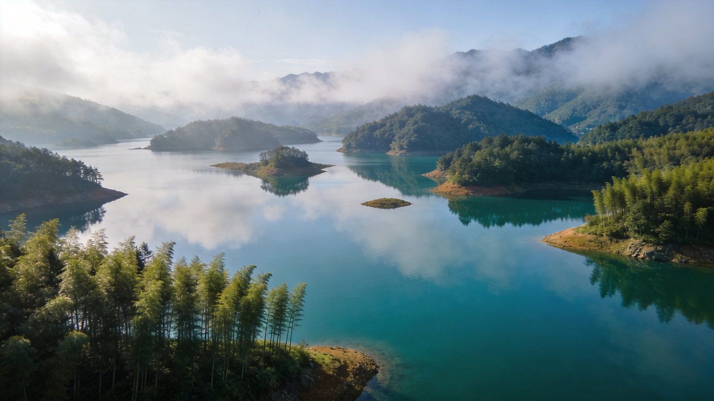 皖南川藏线青龙湾，碧蓝湖面上散布小岛，湖面如镜倒映青山蓝天，晨雾缭绕岸边竹林