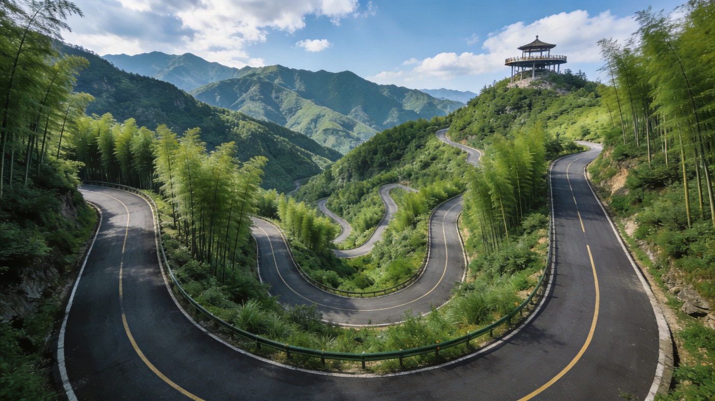 皖南川藏线桃岭六道弯盘山公路，柏油路在山岭间蜿蜒成Z型回头弯，两侧青翠竹林绿色山峦，俯瞰群山连绵