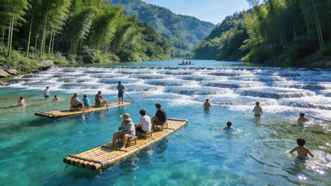 皖南川藏线月亮湾风景区，清澈溪水与鱼鳞坝，游客在浅水区玩水竹筏漂流，两岸青山竹林清新