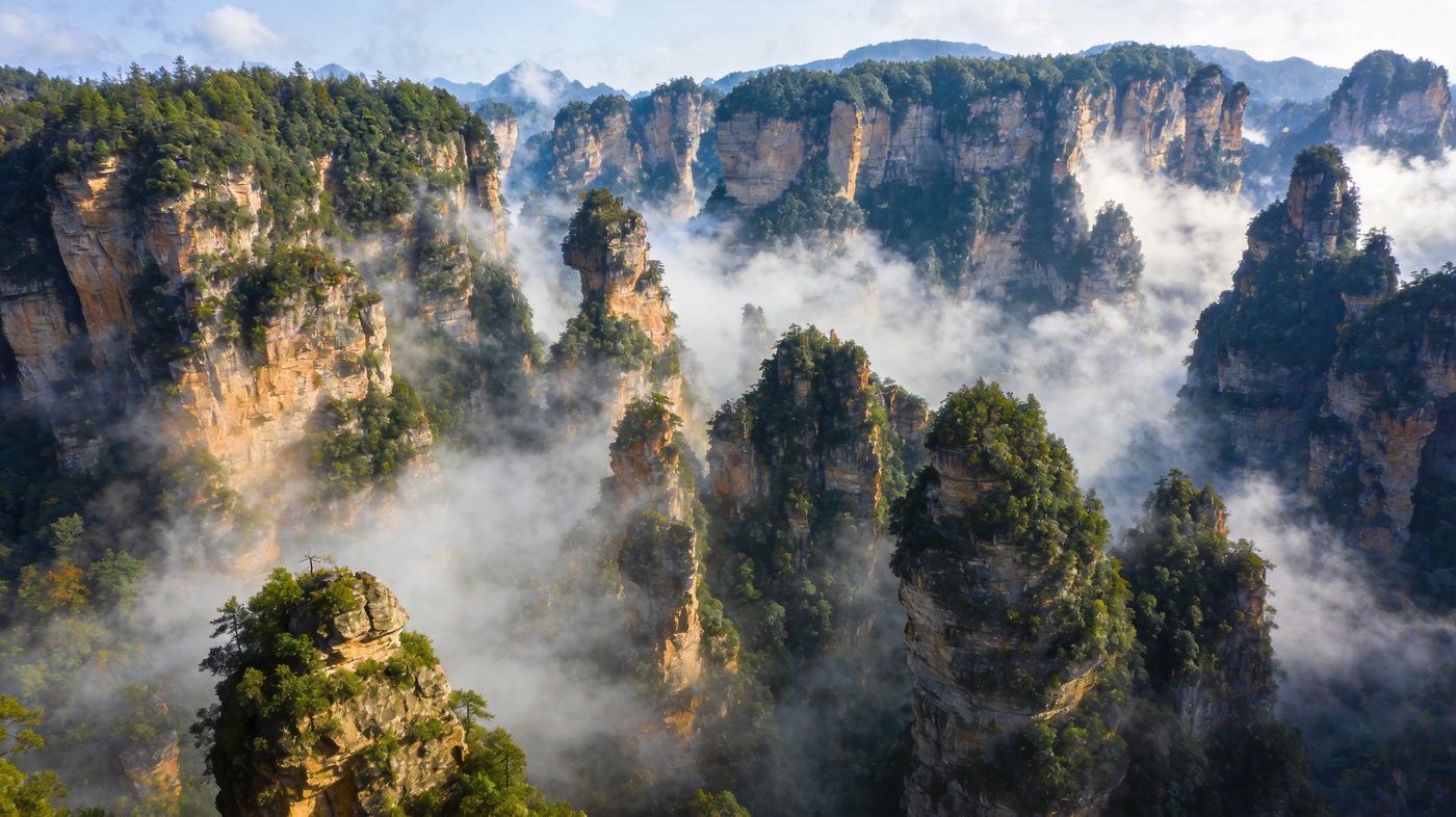 张家界武陵源峰林，云雾中拔地而起的砂岩峰林石柱，袁家界哈利路亚山原型，阿凡达取景地