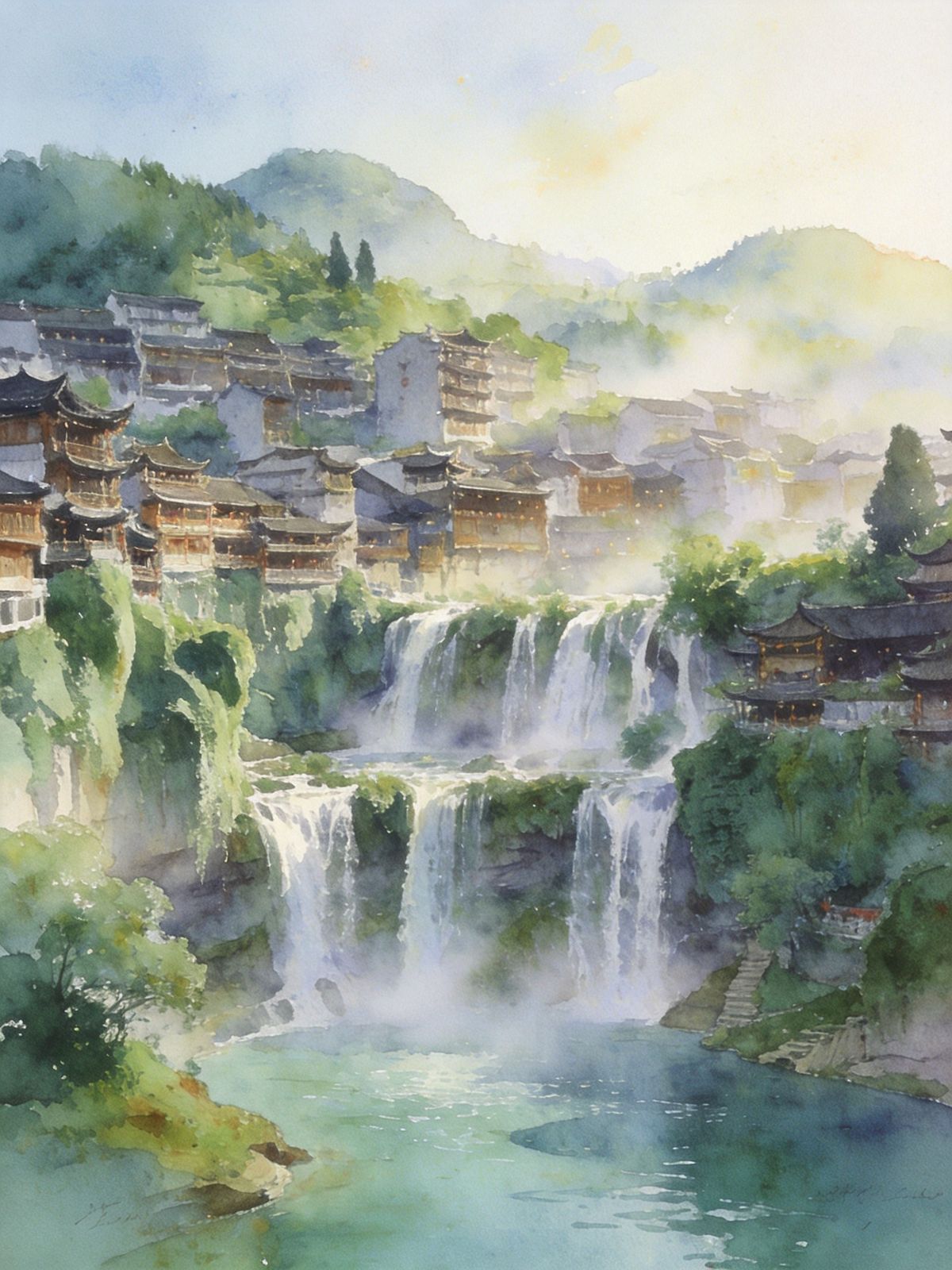芙蓉镇瀑布上的吊脚楼