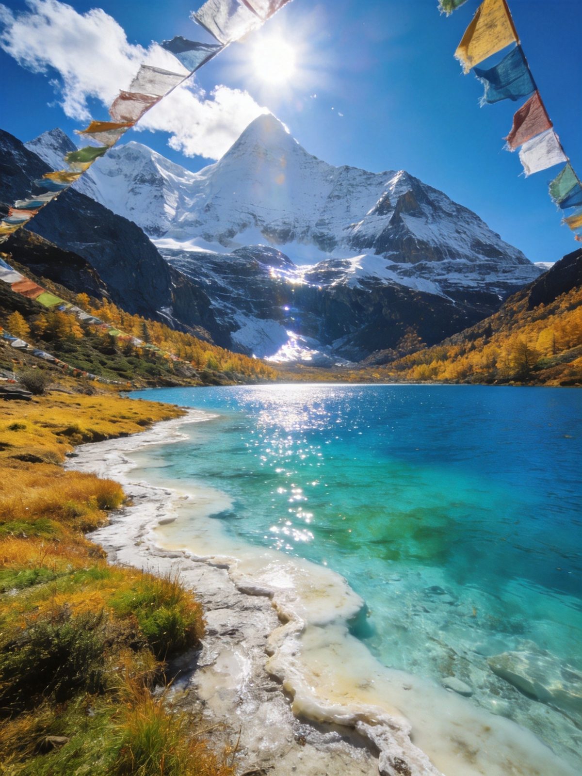稻城亚丁牛奶海在雪山冰川旁澄澈碧蓝的高山湖泊，蓝色星球最后一片净土