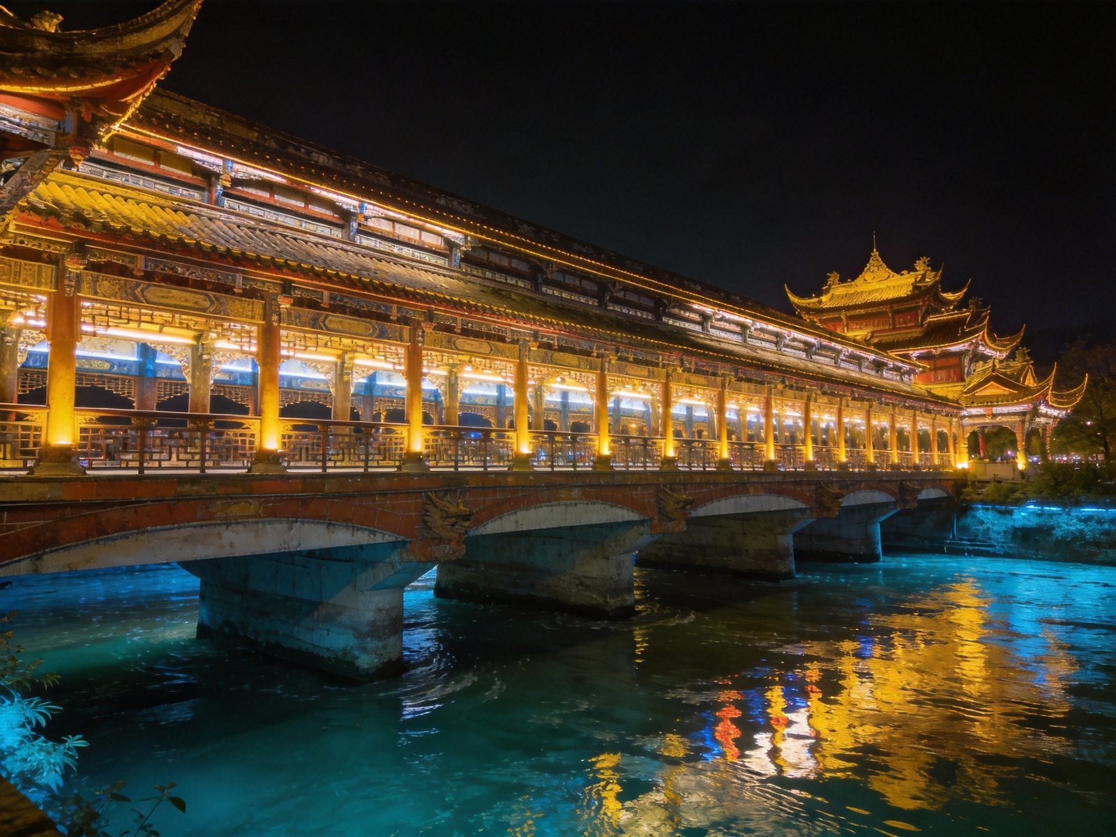 都江堰宝瓶口与飞沙堰拦水弯道，水流在峡谷间奔涌，远山含翠的古代水利枢纽