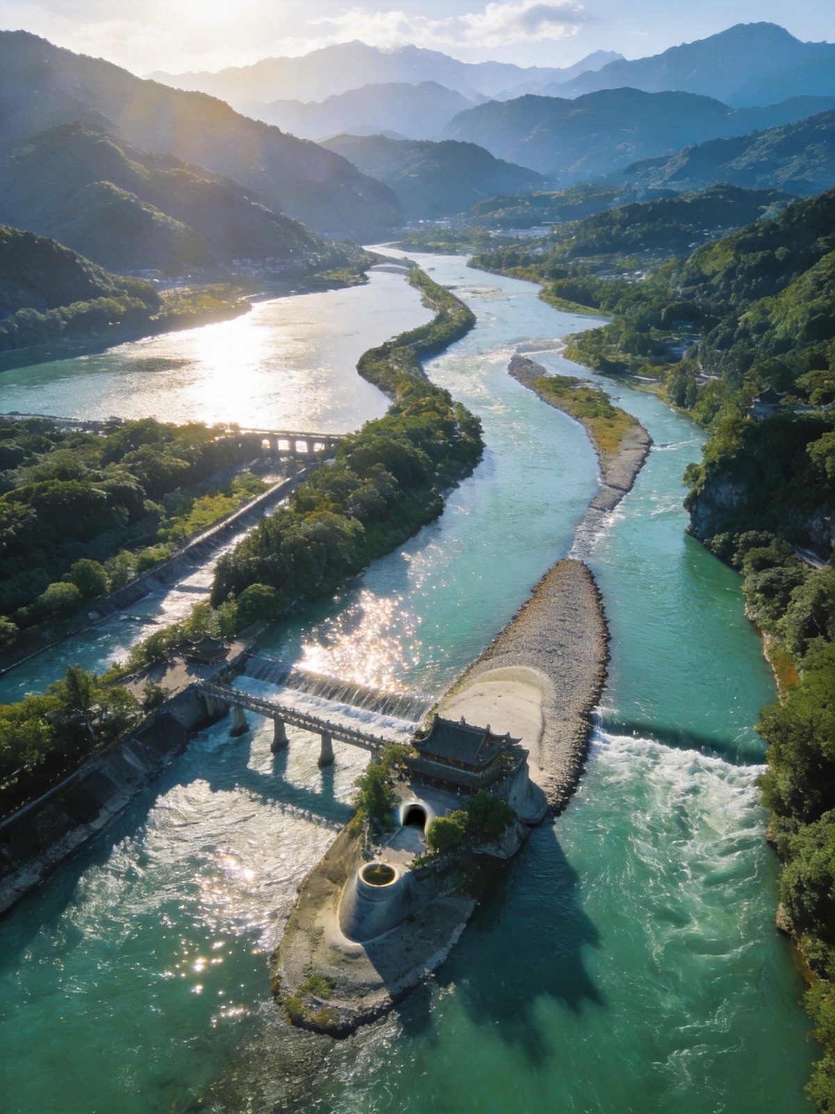 都江堰安澜索桥横跨奔腾岷江，桥上古树苍翠行人往来，二王庙依山而建的壮阔画面