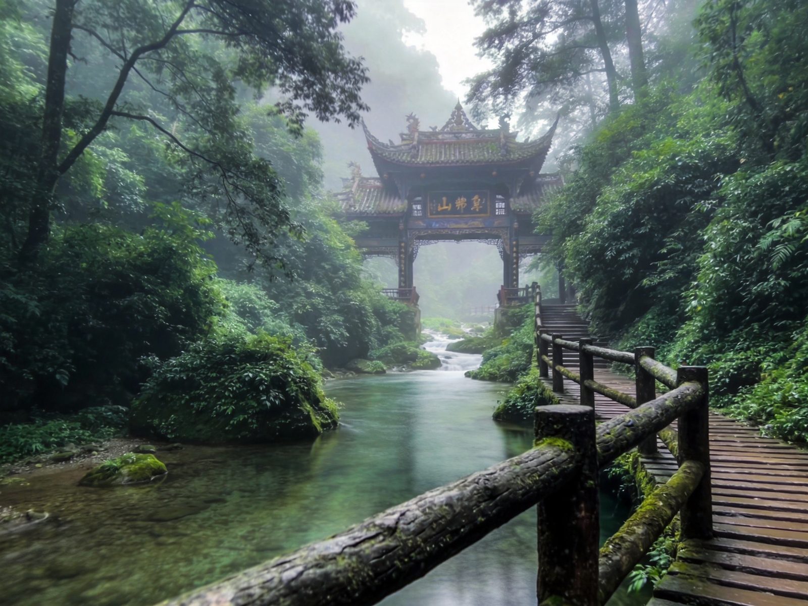 峨眉山清音阁古刹掩映在深林溪涧之间，一线天栈道沿溪而建的清幽胜境