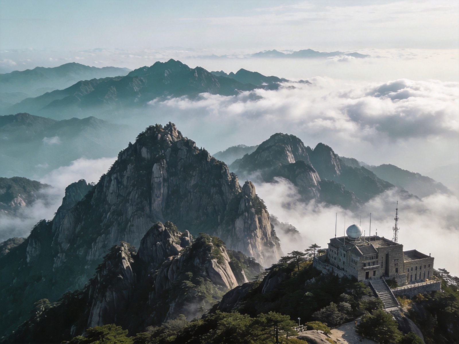 黄山光明顶与天都峰对望层叠群山云雾，写实摄影旅行图册质感