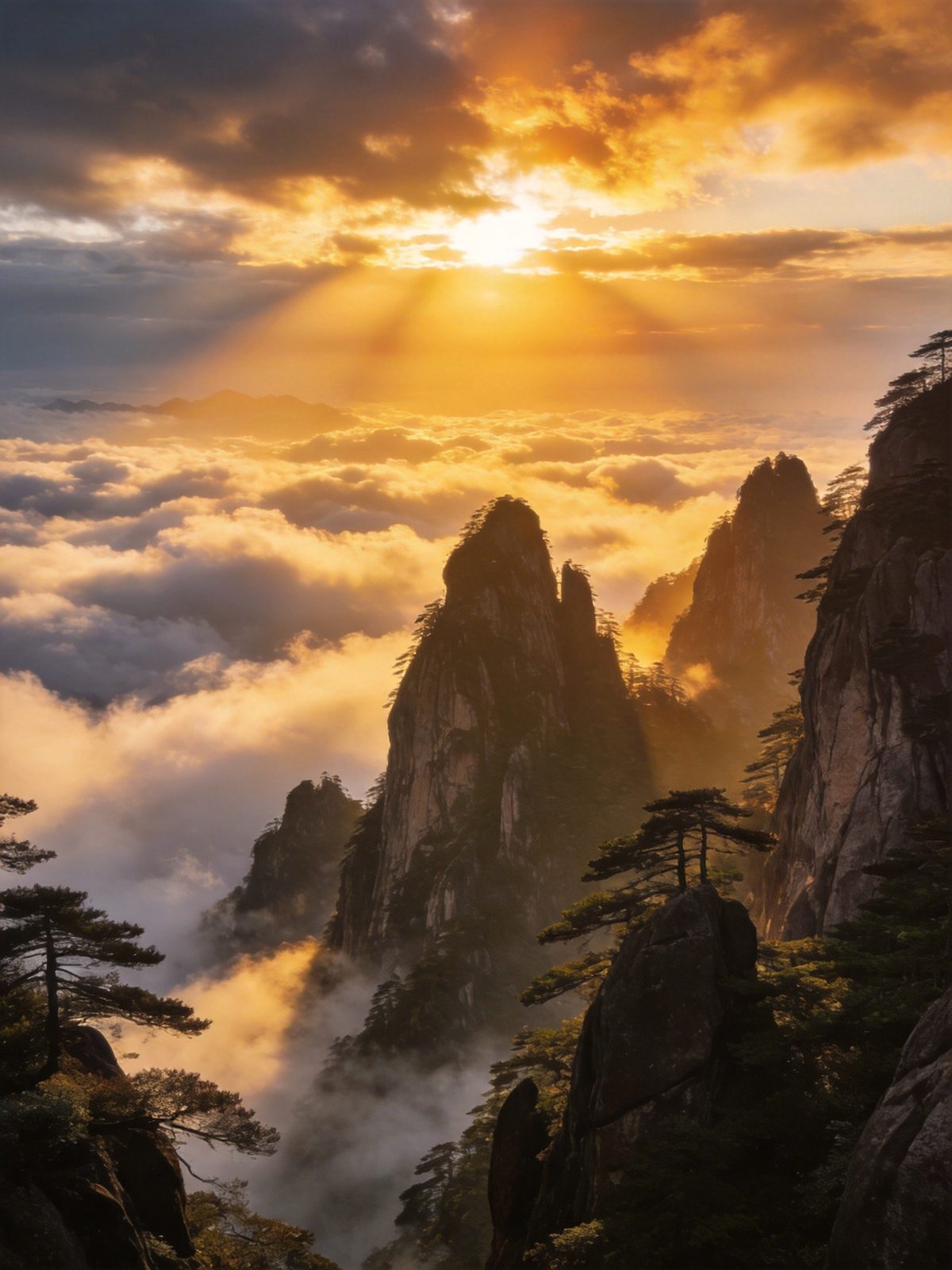 黄山西海大峡谷云海翻涌奇松怪石耸立，日出金光穿透云层，写实摄影旅行图册质感