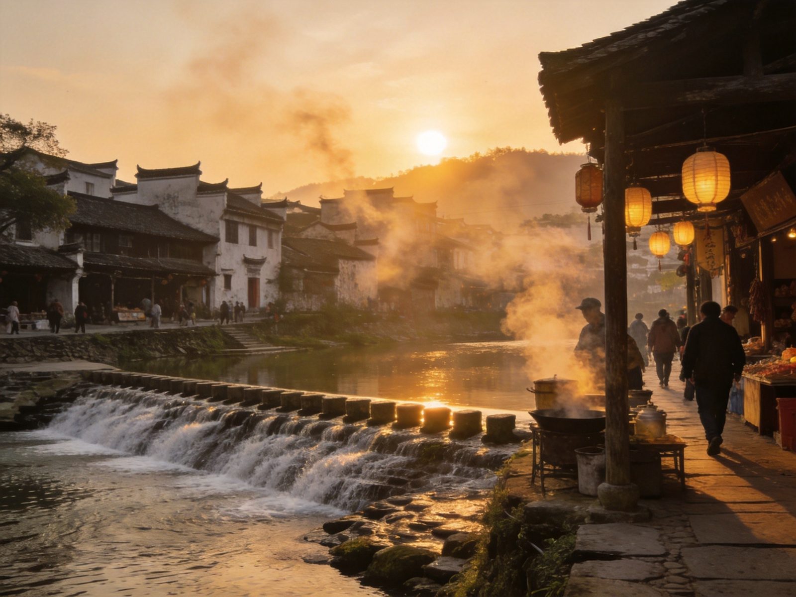 徽州古城渔梁坝千年石坝与练江水流，古朴水利工程横江而立，写实摄影旅行图册质感