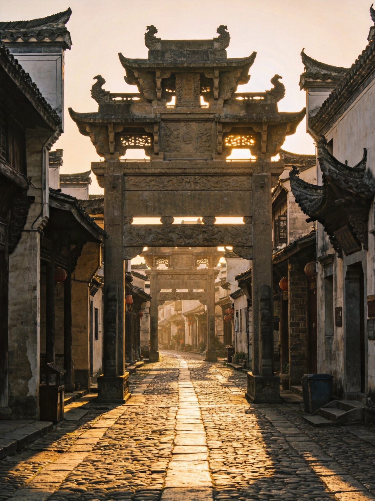 徽州古城许国石坊八角牌坊高耸于徽派民居与青石板街之间，写实摄影旅行图册质感