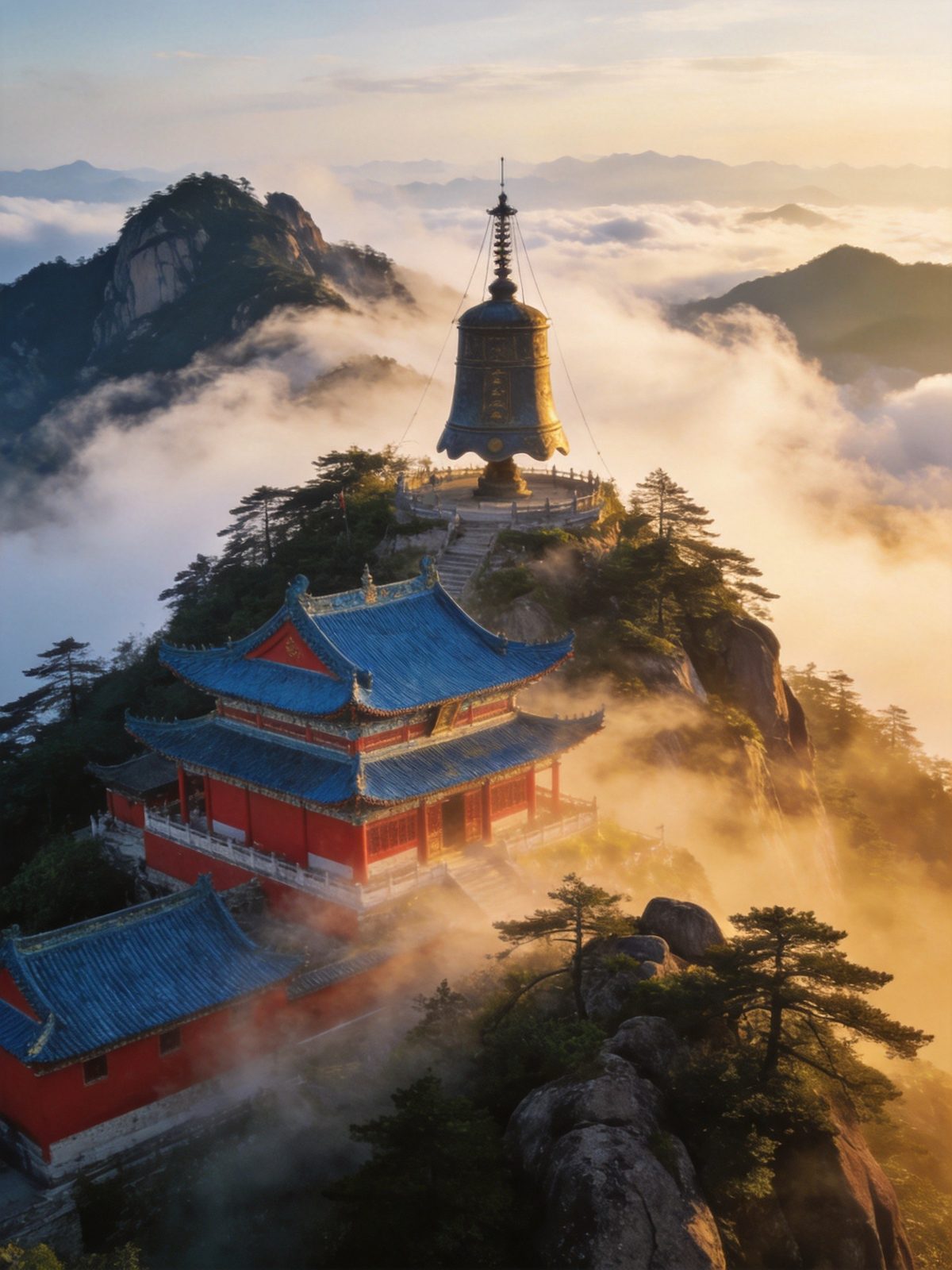 九华山天台峰云雾缭绕中的古刹与群峰，佛国圣境云雾飘渺，写实摄影旅行图册质感