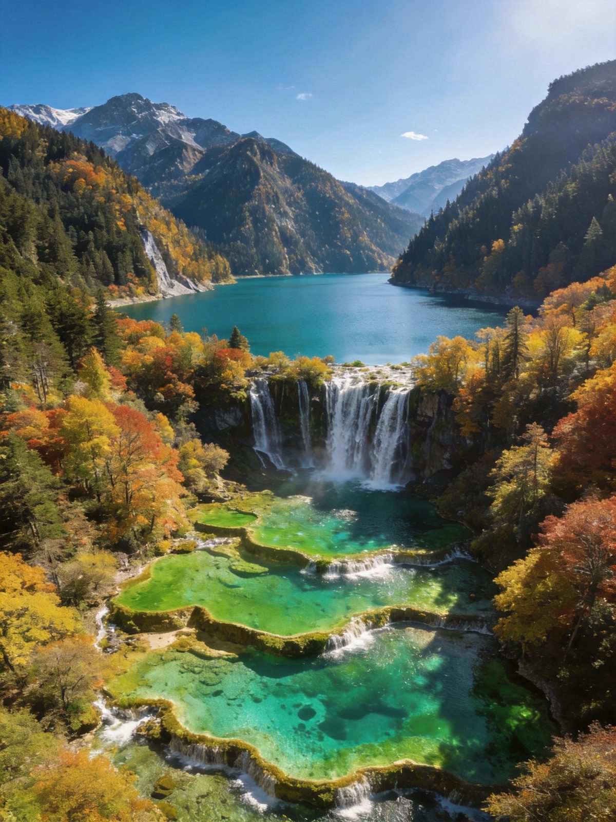 九寨沟长海雪山下的高山湖泊与秋色彩林，湖面平静如镜