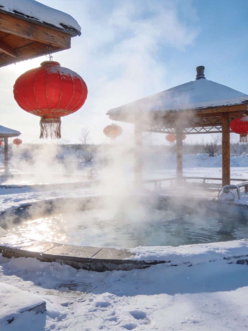 黑龙江大庆林甸北国温泉，白雪覆盖的室外温泉池热气蒸腾，红灯笼木亭，零下寒风中的冰火体验，写实摄影旅行图册质感