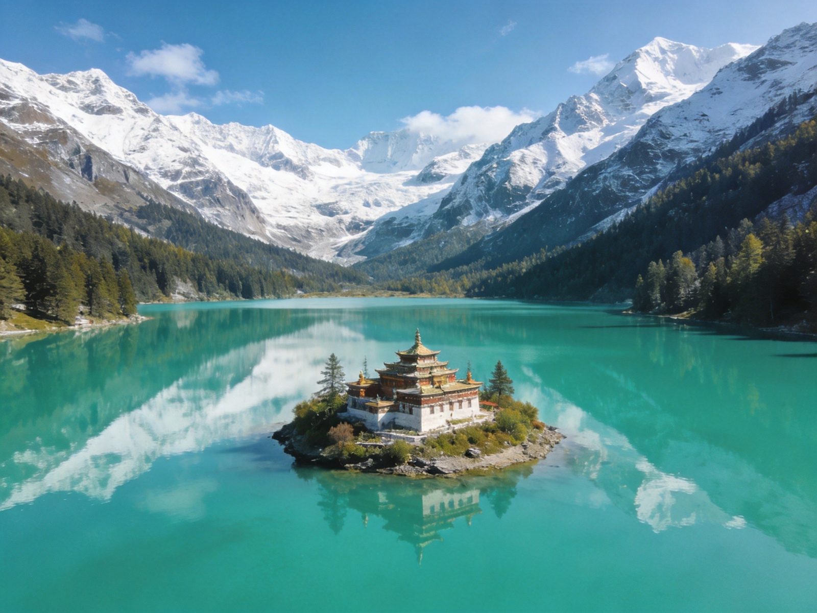 巴松措翡翠色湖面与湖心岛寺庙雪山森林环绕的摄影