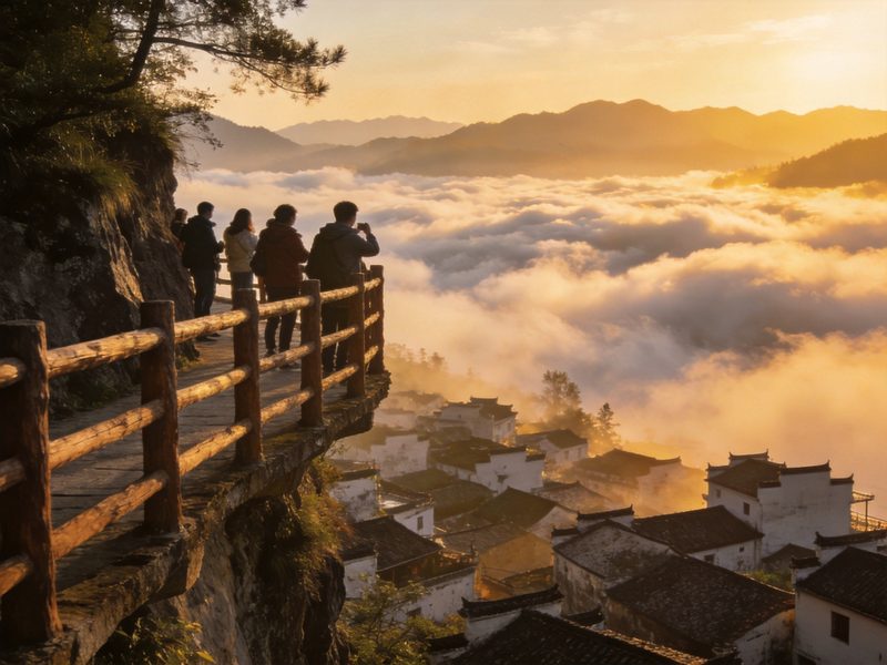 木梨砜悬崖观景台，木栏平台俯瞰脚下云海与层叠徽派屋顶，晨光镀金，写实摄影旅行图册质感