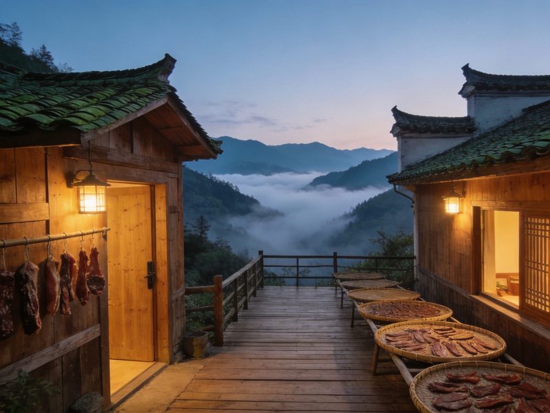 木梨砜山间徽派木屋民宿小院，门前观景平台对着山谷云海，傍晚暖灯亮起，写实摄影旅行图册质感