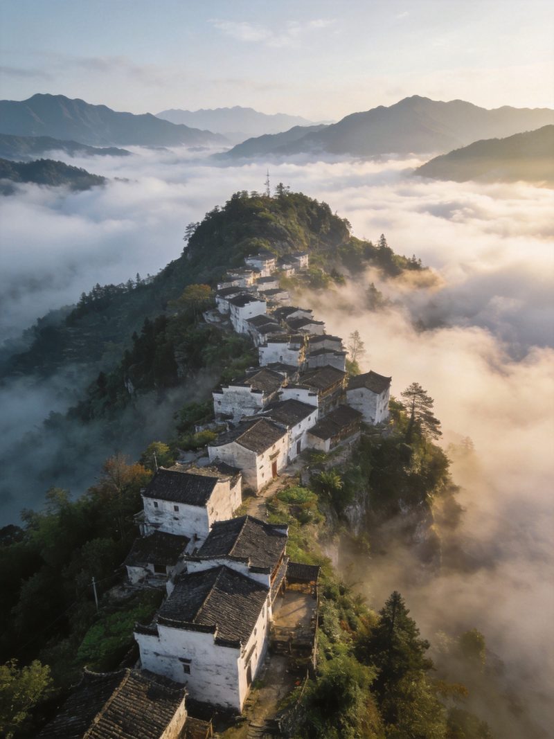 木梨砜云端村落全景，青瓦白墙徽派民居沿山脊层叠，晨雾云海在村下涌动，写实摄影旅行图册质感