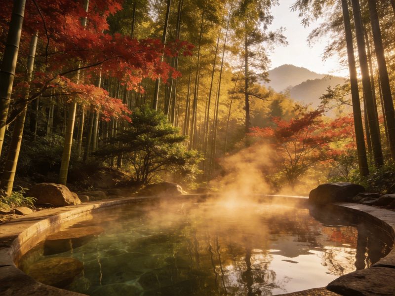 宁海森林温泉竹海环抱的露天池，红叶与常绿树掩映，水汽映远山，静谧禅意森林秘汤，写实摄影旅行图册质感