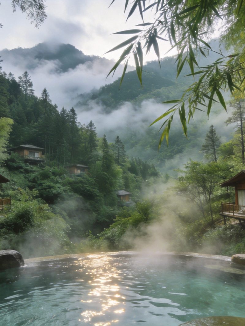 浙江宁波宁海森林温泉，翠竹环抱的半山腰露天温泉池，水汽在森林间缭绕，木屋别墅，云雾山峦，写实摄影旅行图册质感