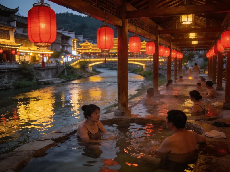 石阡夜郎泉水街夜色，木质回廊与大红灯笼，小吃摊与游客，暖黄灯光映河水，写实摄影旅行图册质感