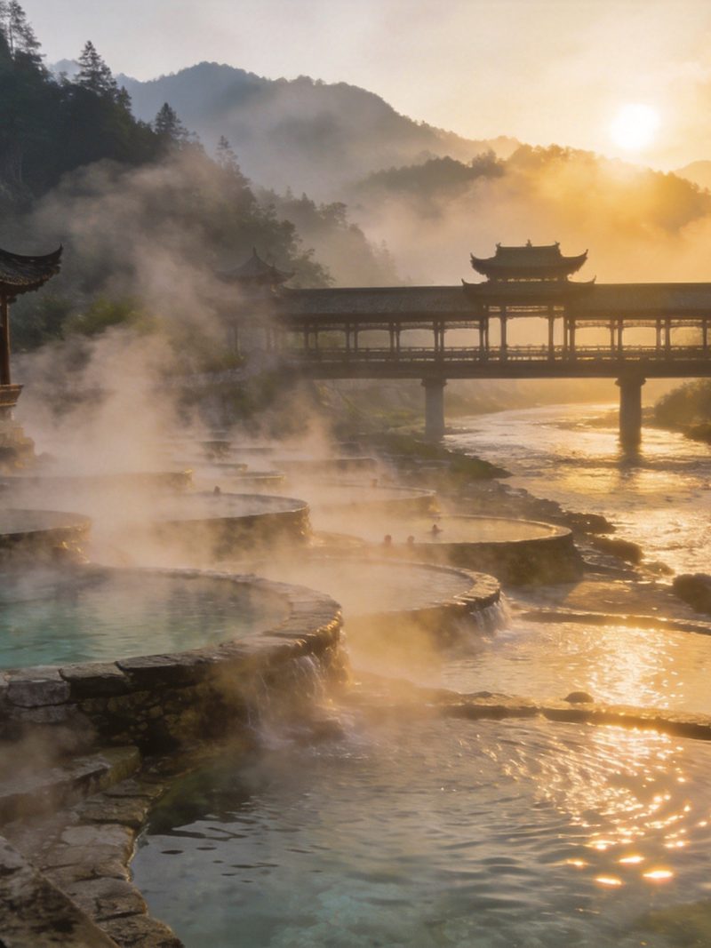 贵州石阡古温泉景区，露天温泉池蒸汽升腾，五老山与龙川河环绕，古亭回廊，写实摄影旅行图册质感