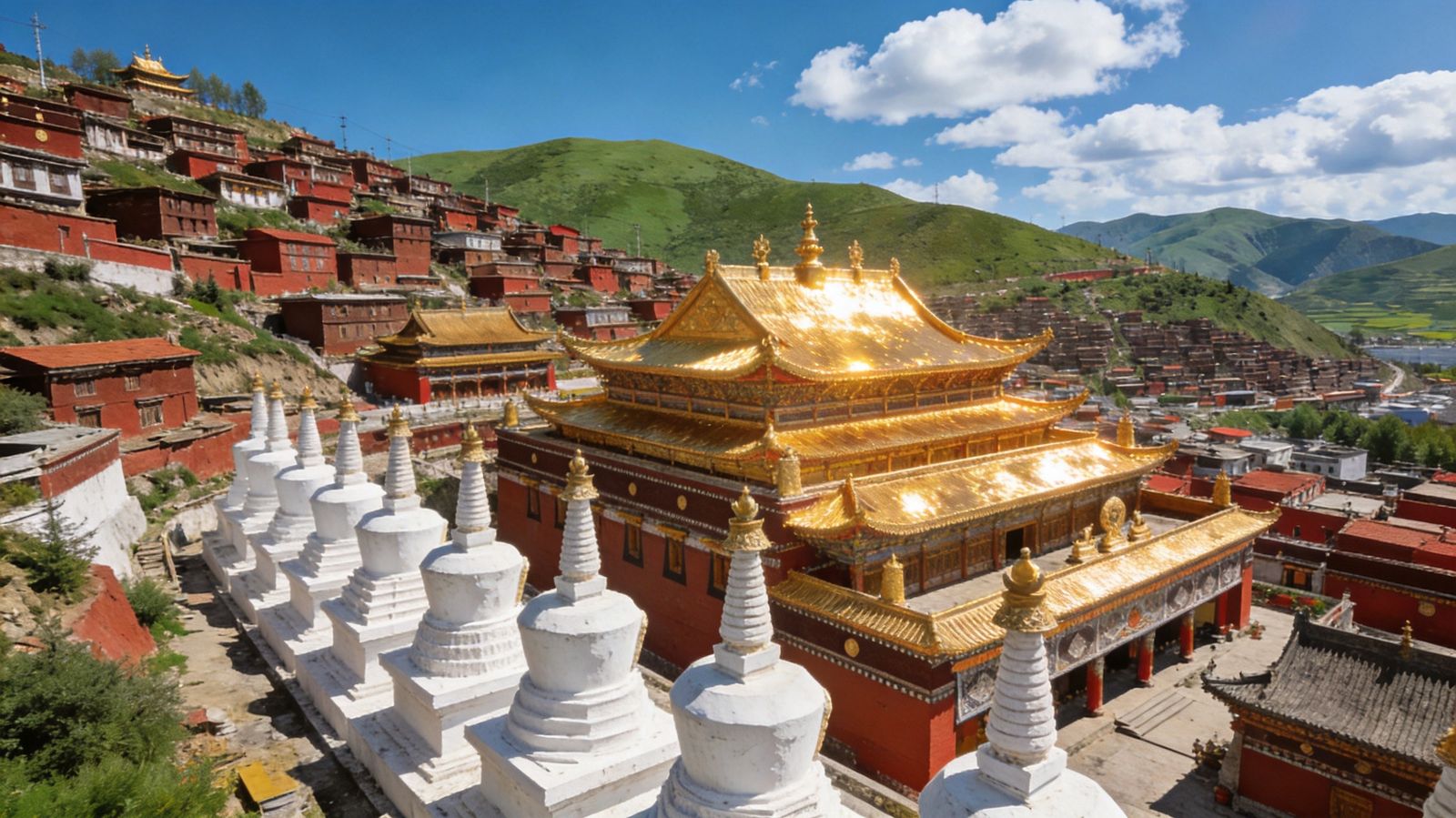 塔尔寺大金瓦殿金顶与寺院群全景
