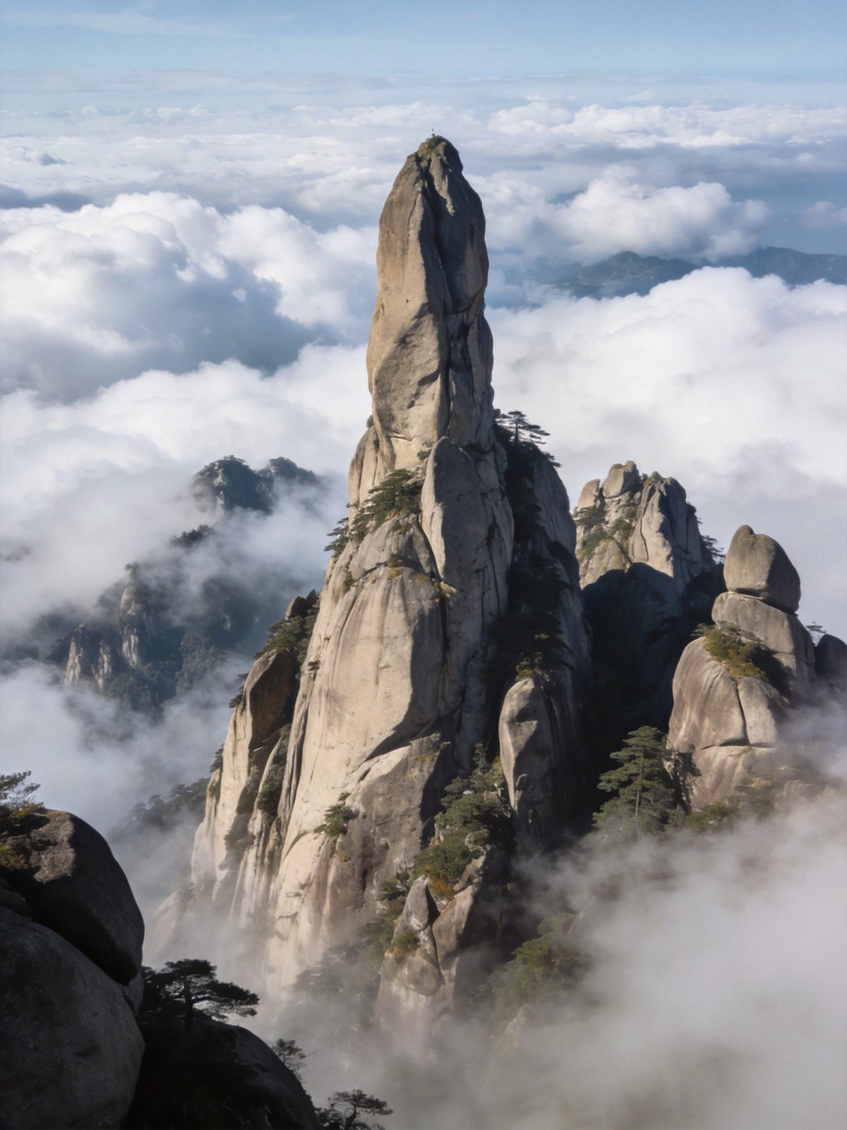 天柱山天柱峰擎天一柱花岗岩峭壁直插云霄云海环绕，写实摄影旅行图册质感
