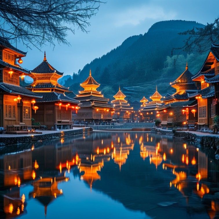 肇兴侗寨鼓楼倒影夜景
